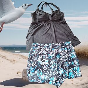Ribbed Black Tankini Top & Blue Floral Swim Shorts Set SZ 2X